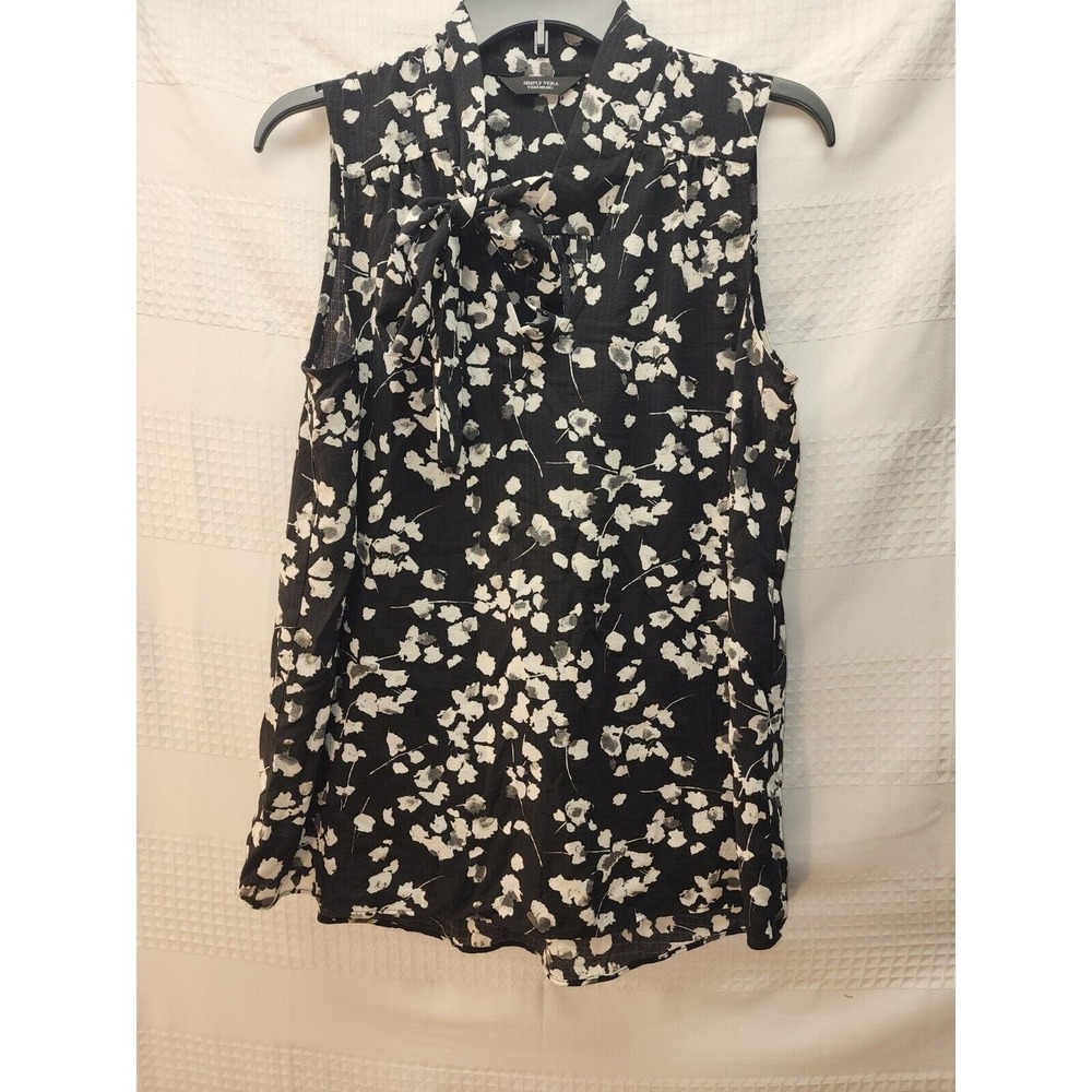 Simply Vera Vera Wang Tunic Womens Med Black Floral Chiffon Tie Neck Sleeveless